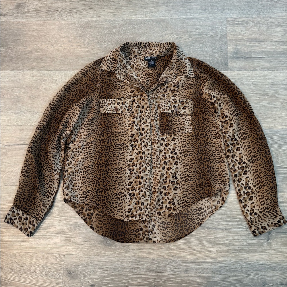 Wet Seal Y2K Leopard Animal Print Long Sleeve Button Down Blouse Tan Vintage